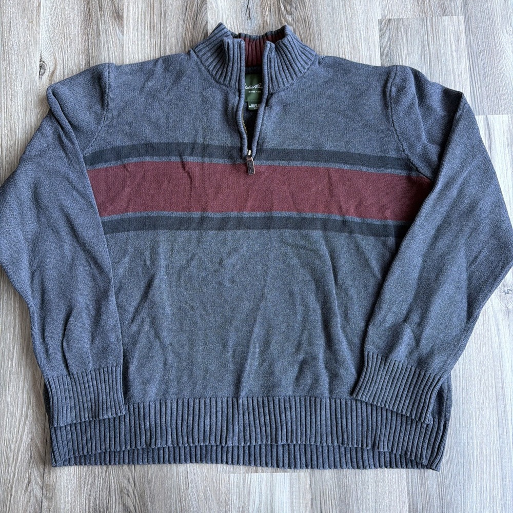 Vintage 90s Eddie Bauer 1/4 Zip Sweater Men Gray XXL Pullover Thick‎ Stripe